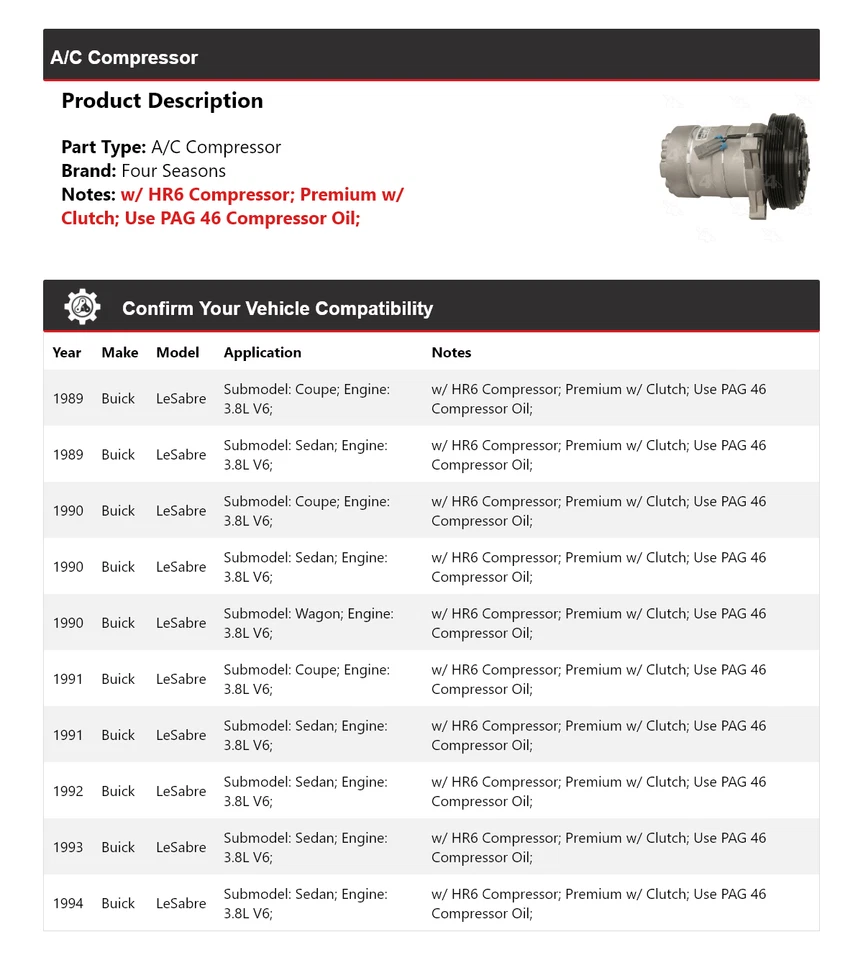 Compresor de aire acondicionado V6 3,8 L para Buick LeSabre 1989-1994 4 estaciones 1990 1991 1992 1993 Foto 2 de 4