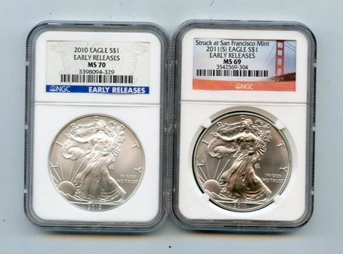 2010 & 2011 EARLY RELEASES NGC MS69 1 OZ. SILVER .999 SILVER EAGLE COINS!