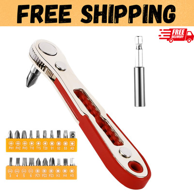 Ratcheting Right Angle Screwdriver Hex Drive 90 Degree Offset + 10pc Bits Set!