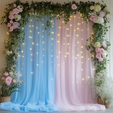 10x10 FT Tulle Curtain Backdrop With 300 LED Fairy Lights Wrinkle Free Sheer