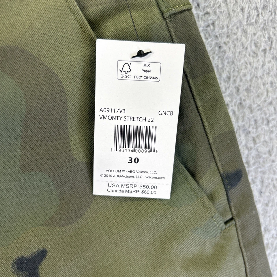 Pantalones Cortos Volcom Para Hombres 30 Verde Camuflaje Chino Vmonty Elastizados 22 Patín Militar NUEVO Foto 3 de 4