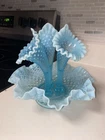 VINTAGE FENTON SEA BLUE HOBNAIL DIAMOND LACE OPALESCENT FLOWER EPERGNE