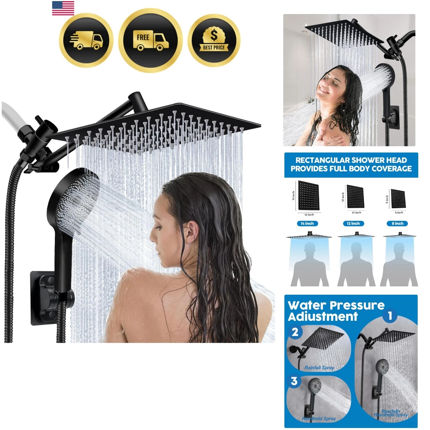 Rain Shower Head Handheld Spray Combo 8 Inch High Pressure Shower System
