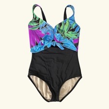 Vintage Retro One Piece Swimsuit Floral Tie Front Black size 8 s/m