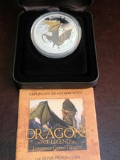 TUVALU 2013 DRAGONS OF LEGEND EUROPEAN GREEN DRAGON 1 oz. SILVER  PROOFBOX&COA