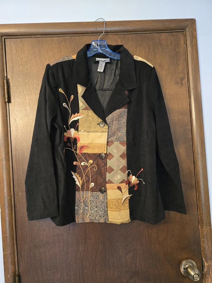 Conjunto de chaqueta y falda Indigo Moon tapiz de retazos floral sensación de terciopelo talla 14  Foto 2 de 4