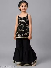 Girls Black Embroidered Sequined Kurti Sharara Set for Kids  Sleeveless Ethnic