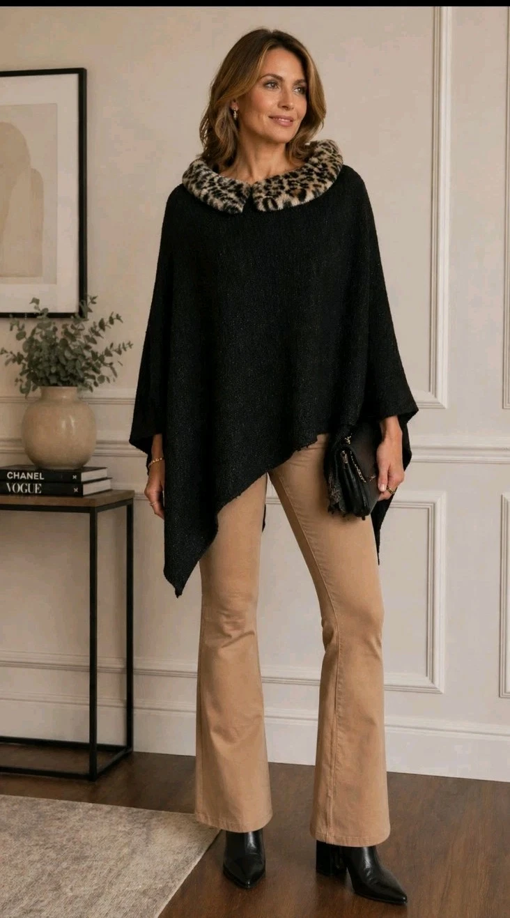 Chicos L/XL Poncho Cape Black Knit Chevron Leopard Faux Fur Collar Chic