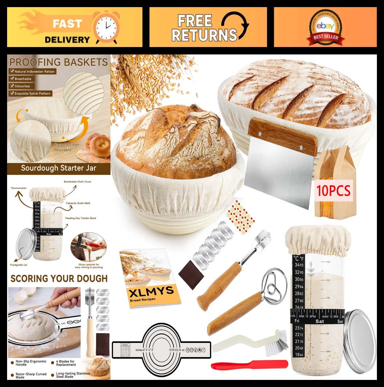 Sourdough Starter Kit - 9" Round & 10" Oval Banneton, Complete Baking Supplies S