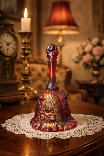 Fenton USA 1970s Ruby Red Medallions & Rose Swag Carnival Glass Bell, 6.5” NEW