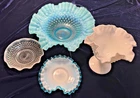 GROUP OF 4 FENTON BOWLS BLUE - AQUA OPALESCENT HOBNAIL GLASS RUFFLED EDGE BOWLS