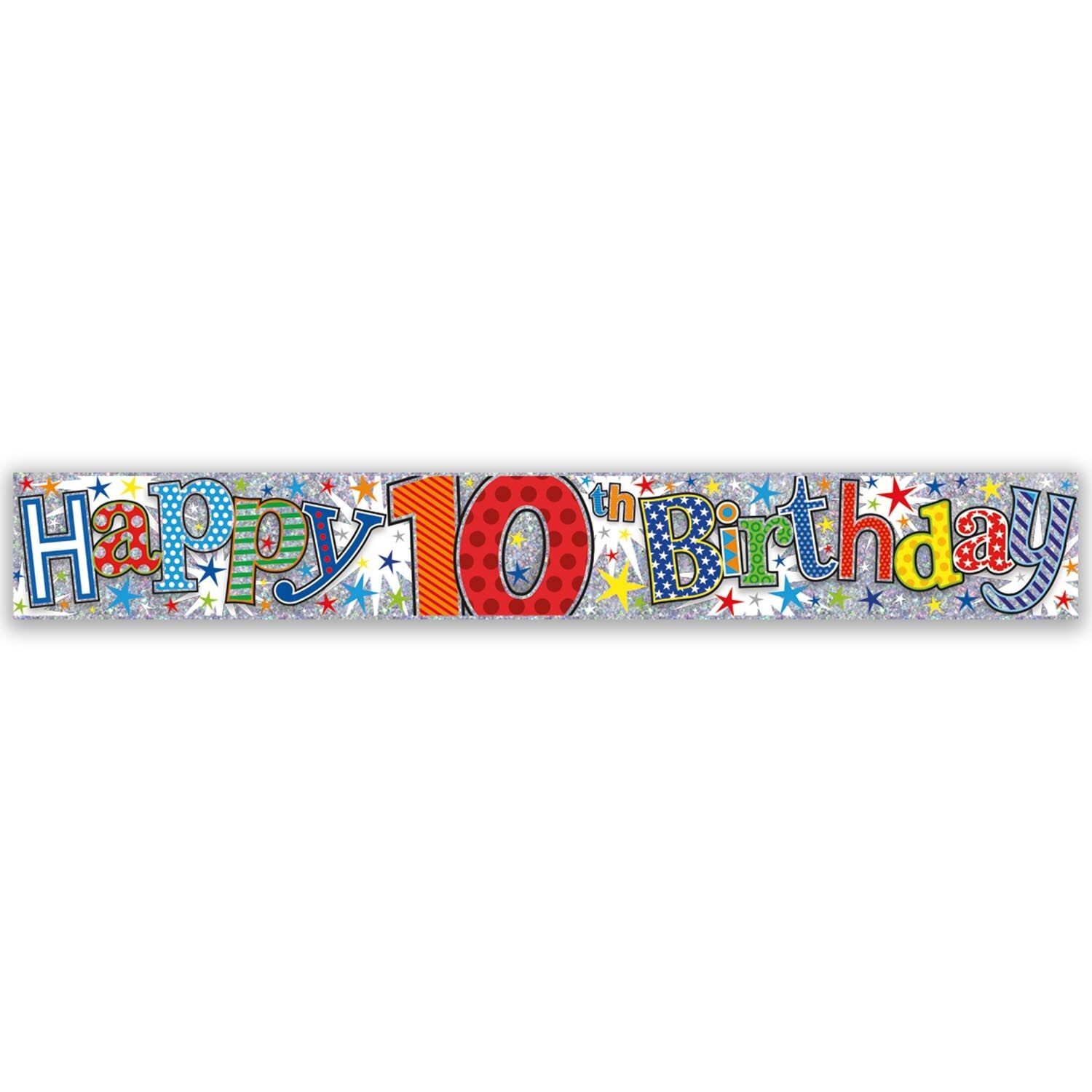 Happy 10th Birthday Red Blue Silver 2.5m Banner Party Decoration Holographic