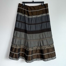FUENTECAPALA Skirt Brown Gray Patchwork Striped Paisley Trim Spain Size 46 Sz M
