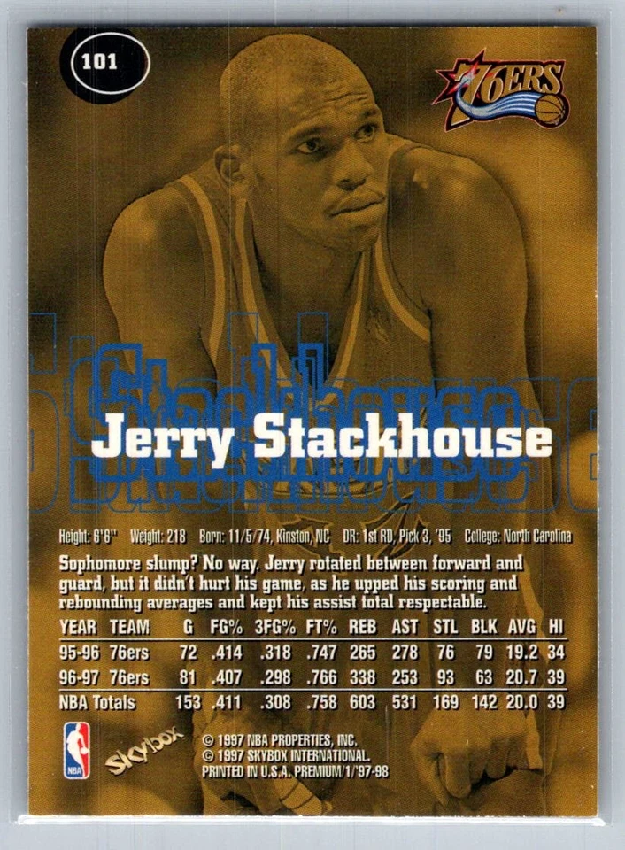 1997-98 SkyBox Premium Basketball #101 Jerry Stackhouse - VG - 76ers - Image 2 of 2