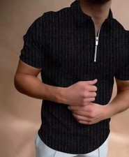 Polo Shirt Men Zipper Collar Fashion Black Pinstripe Casual T Shirt Golf Zip Tee