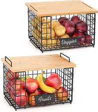 2 Pack Stackable Wire Baskets with Bamboo Top, XXL Counter Baskets
