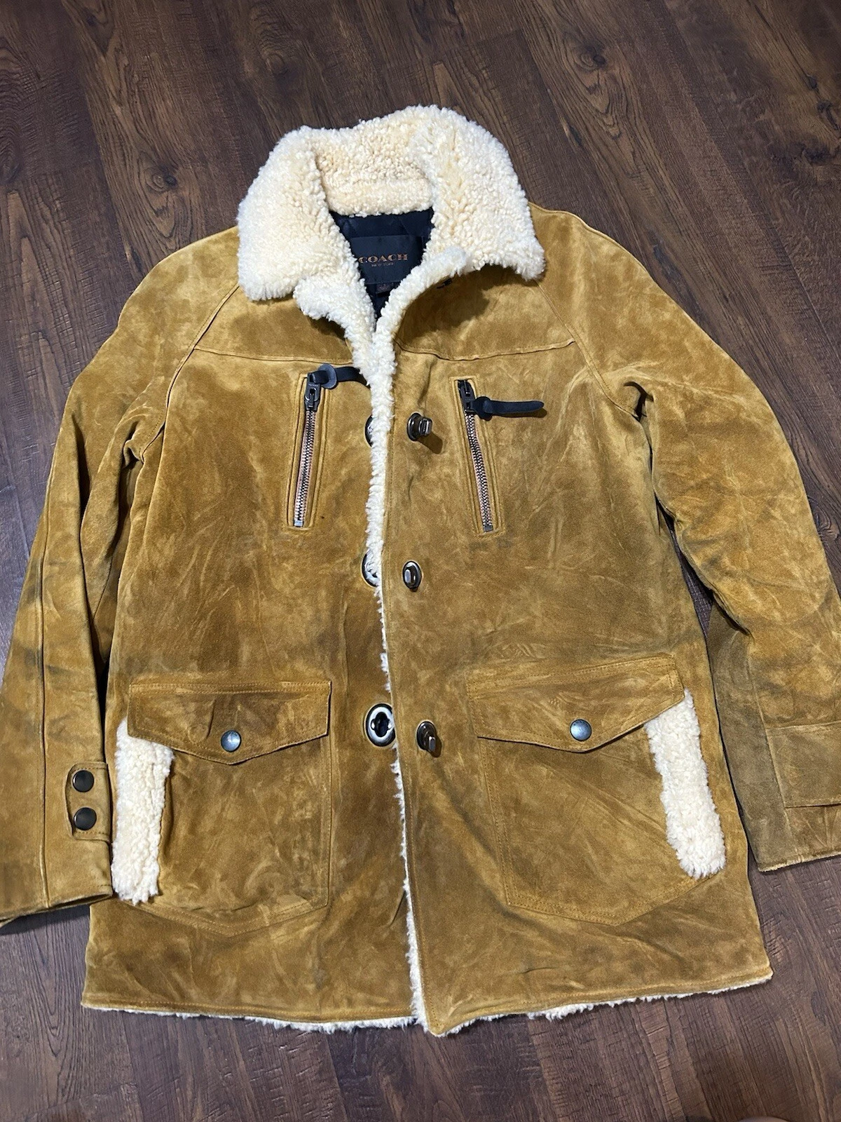 Giacca isolata parka coach vintage pelle scamosciata di vitello chiusura a torsione shearling S