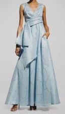 $3995 Talbot Runhof Women's Blue Metallic Cloque Draped-Bow Gown Dress Size 34