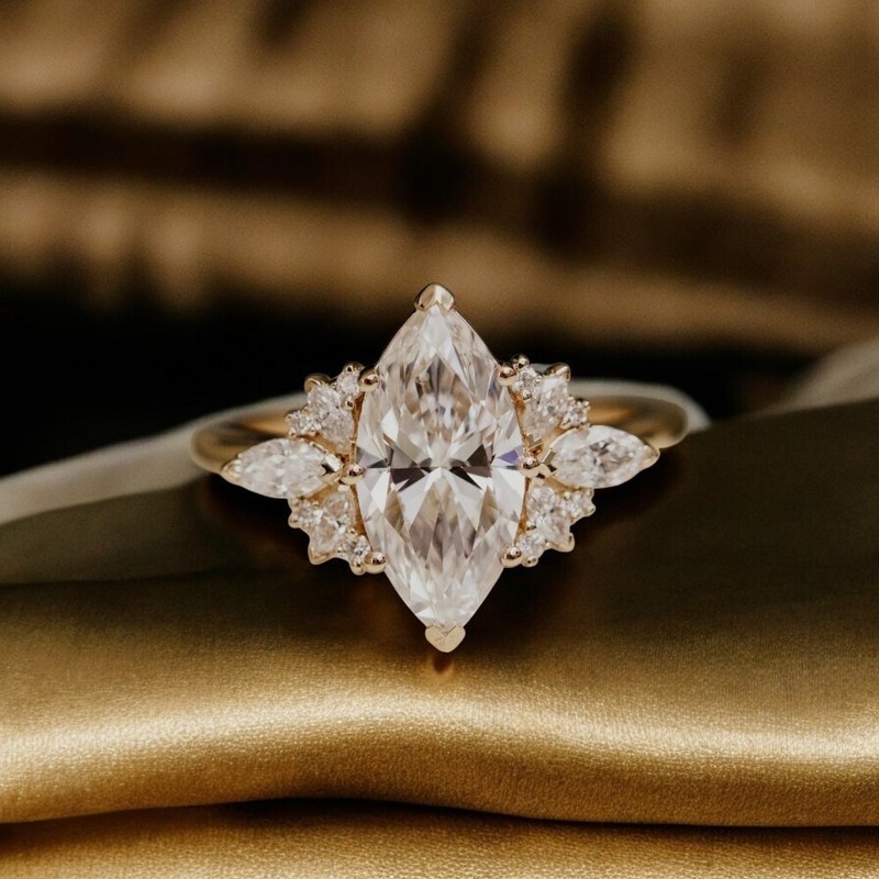 Engagement  18k Yellow Gold Diamond Ring 1.50 Ct Marquise Cut IGI Lab Created 