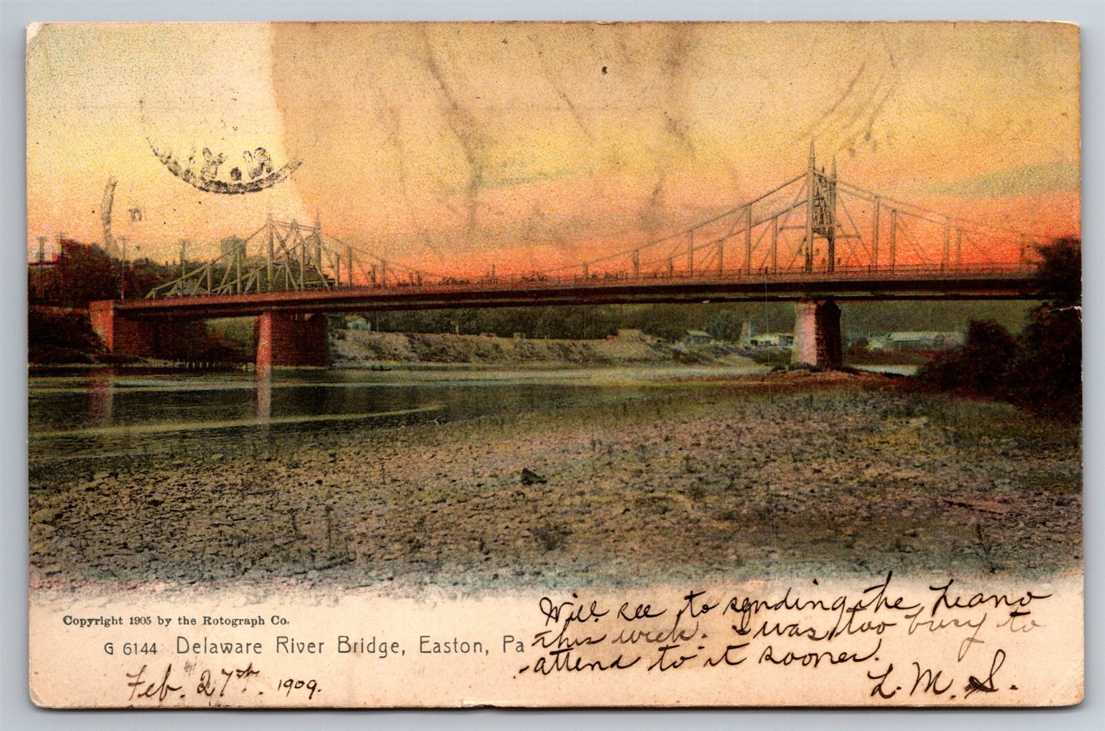 Delaware River Bridge Sunset Easton PA C1906 UDB U13