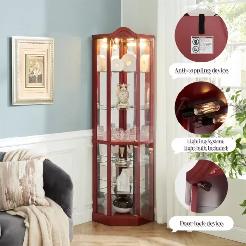 Lighted Curio Cabinet Corner Display Cabinet w/ Adjustable Glass Shelves - Picture 6 of 40