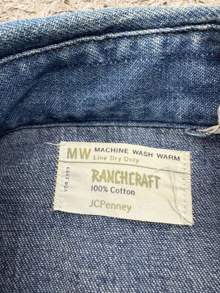 Vtg JC Penney Ranchcraft Denim Shirt Men Medium Western Sawtooth Pearl Snap 70s - Image 3 of 4