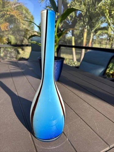 VTG Murano Glass Vase - Turquoise & White With Brown Stripes @ 14.5” Tall