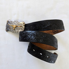 Tony Lama Black Tooled Leather Belt 2 Tone Longhorn Buckle Youth Size 30 C60113