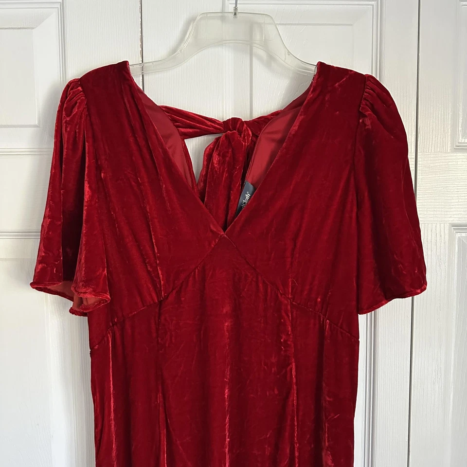 ModCloth Dress Womens M Red Velvet Maxi Tie Back V Neck Flutter Sleeve Holiday - Image 4 of 4