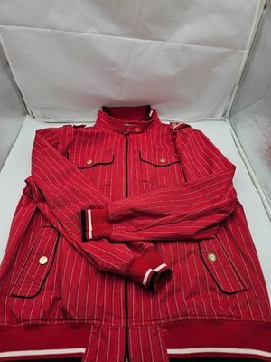 Basic Code Mens Cotton Jacket Coat Red  & White Pinstripe Size 2XL Full Zipper