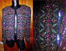 Vtg 80s Runway GLAM Sequin Beads Embroidered SILK Evening JACKET Bolero M L