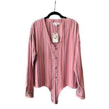 Pink Rose Top Women's Size L Pink Striped Buttons Long Sleeve Tie Front Boho NEW