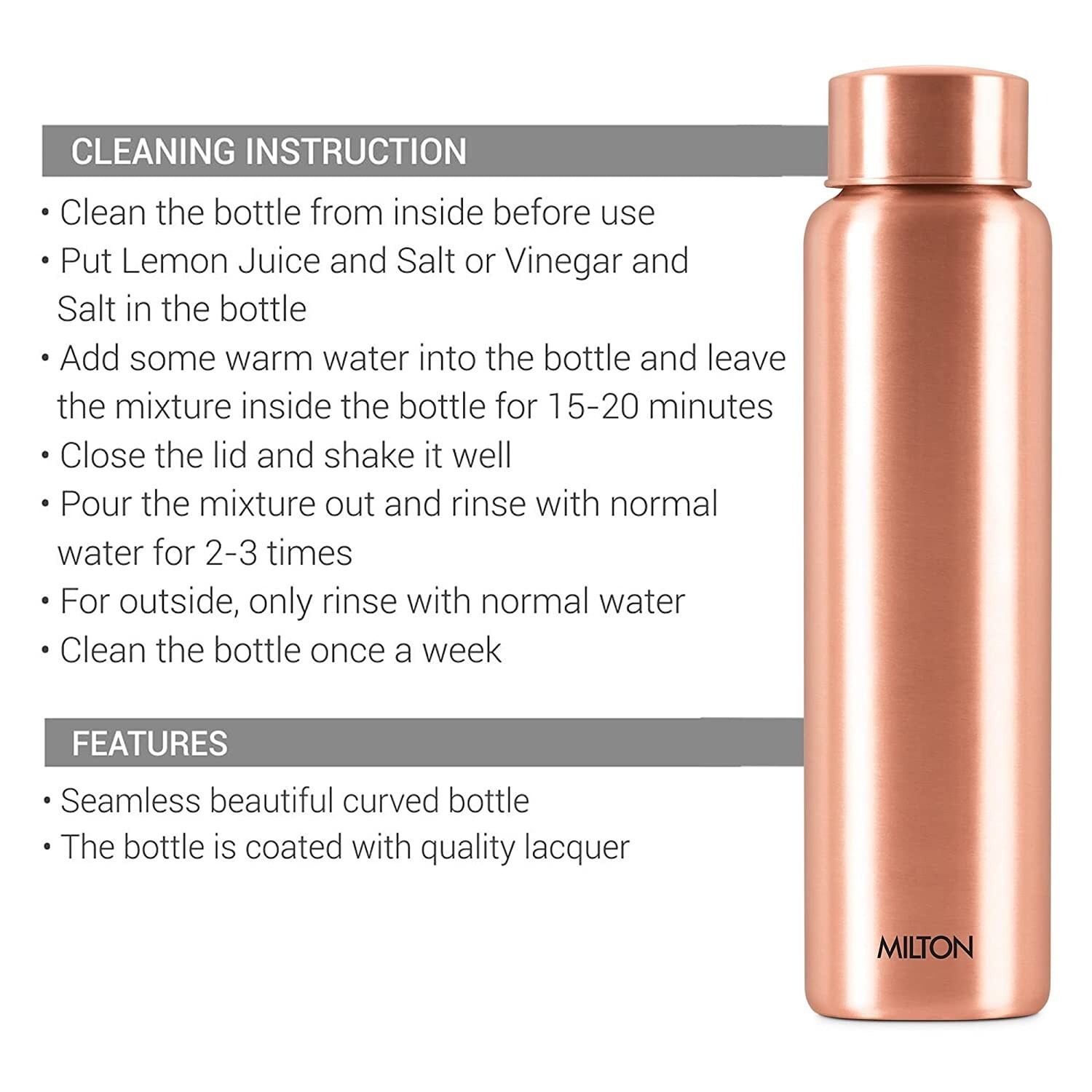 MILTON Copper Aqua 1000 Water Bottle, 950 ml, Copper | 100% 