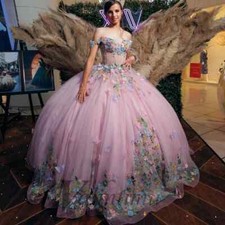 Elegant Pink Beads Sweet 16 Quinceanera Dresses Appliques Ball Gowns Prom Party