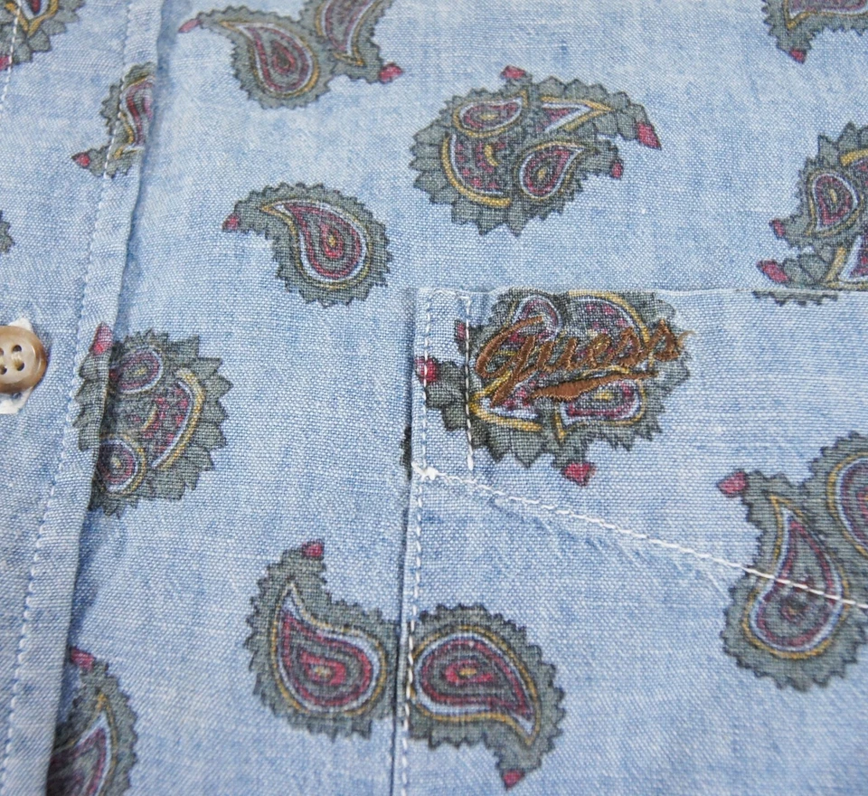 Camisa Guess Vintage Hombres Grande Azul Abotonada Cambray Paisley Georges Marciano Foto 3 de 4