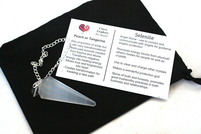 Selenite Faceted Pendulum with Black Drawstring Pouch and Information Card India