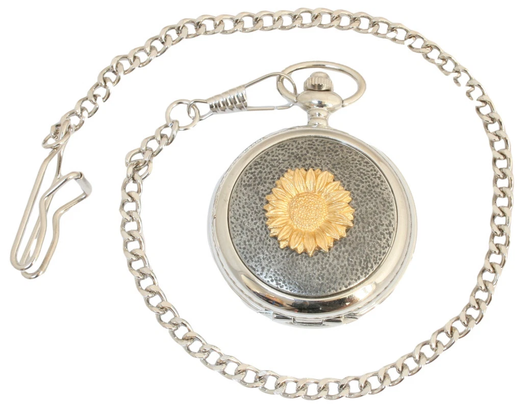 Golden Sunflower Pocket Watch Pewter Fronted Quartz Personalised