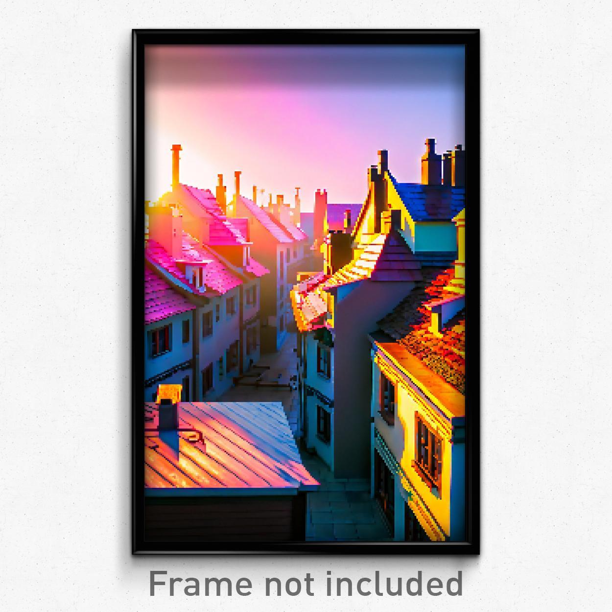 Pixel Art Poster - Zany Rooftops (8 Bit Psychedelic Trippy Video Game Print)