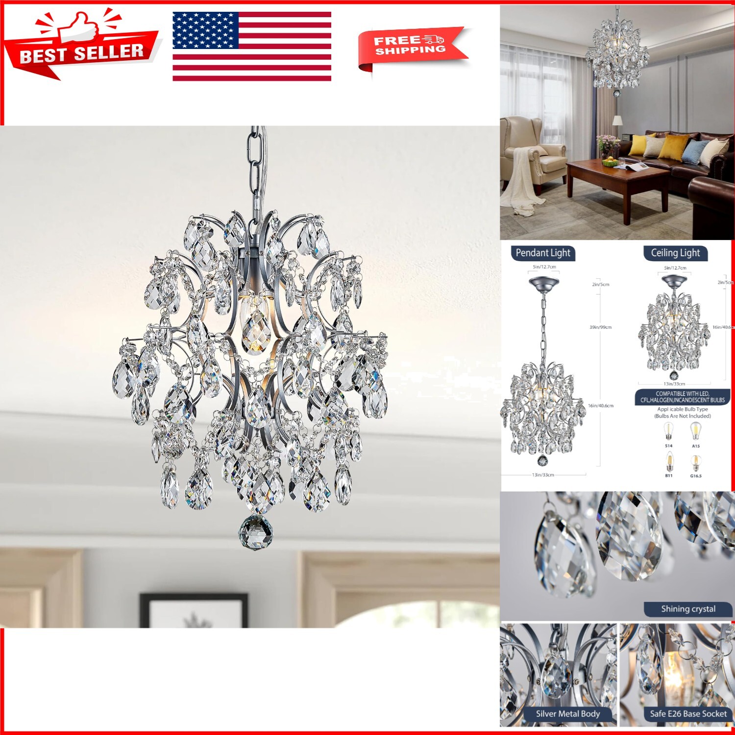 Glamorous Crystal Ceiling Pendant - Round Chandelier for Dining, Entryway & More
