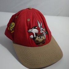 Vtg Looney Tunes Characters Embroidered That's All Folks Red Brown Snapback Hat