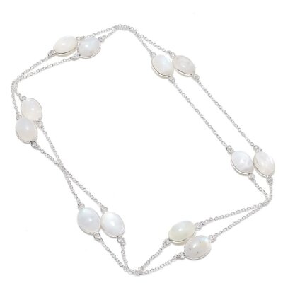 Rainbow Moonstone Gemstone 925 Sterling Silver Chain Jewelry Necklace 36'' O248