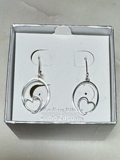 NIB 925 Sterling Silver Heart In Hoop Dangle Drop Earrings New