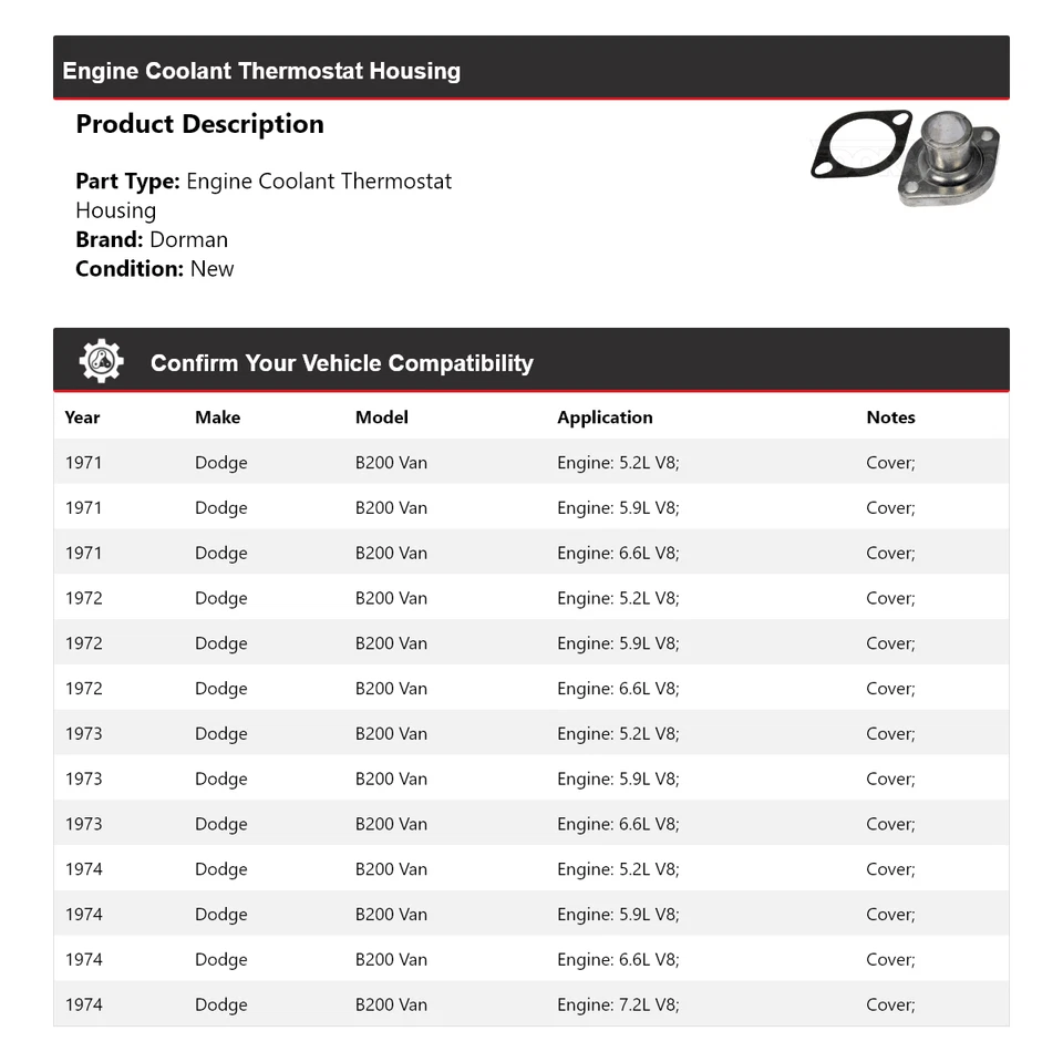 Carcasa termostato refrigerante motor Dodge B200 Van Dorman 1971-1974 1972 1973 Foto 2 de 4