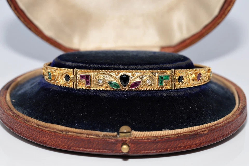 Vintage Circa 1980s 18k Gold Natural Diamond And Emerald Sapphire Ruby Bracelet - Image 2 of 4