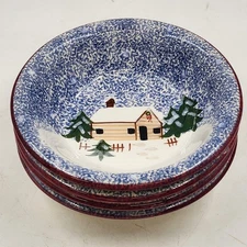 4 Soup Salad Bowls 8.25" Winter Scene Holly Mountain Lodge FWC's Cook's Bazaar