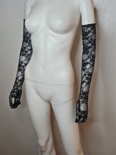 Womens Bedazzled Black Floral Sheer Lace Long Opera Gloves with Sparkle