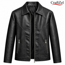 Men's Black Genuine Leather Jacket Zip Front Shirt Collar Casual Style Coat