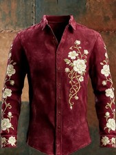 Men's casual long-sleeved shirt, flower printing, fashionable and retro