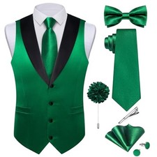 Mens Shiny Satin Vest Tie Set 8PCS Solid Waistcoat and Pre-tied 3X-Large Green