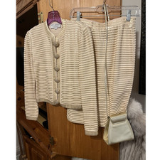 St. John Evening by Marie Gray Ivory Gold Knit Jacket Skirt Bag Set Size 2